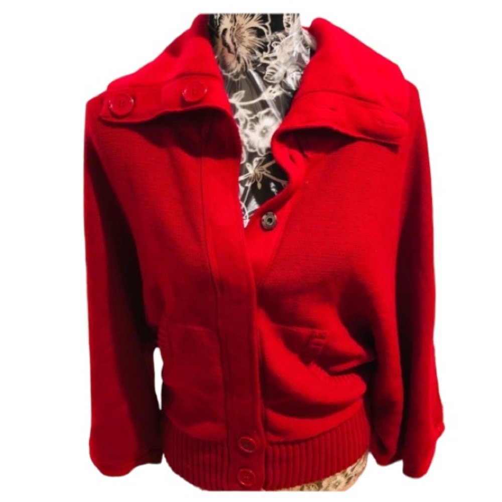 Red knit cardigan  medium 3/4  wide  Dolman sleeve with hidden snap front